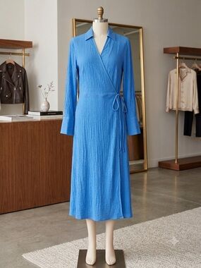 H&M Bright Blue Long-Sleeve Wrap Midi Dress